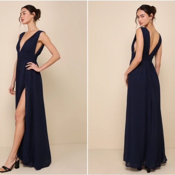 LULU's Prom Wedding Bridesmaid Flowy Romantic Heavenly Hues Navy Maxi Dress - Picture 1 of 4